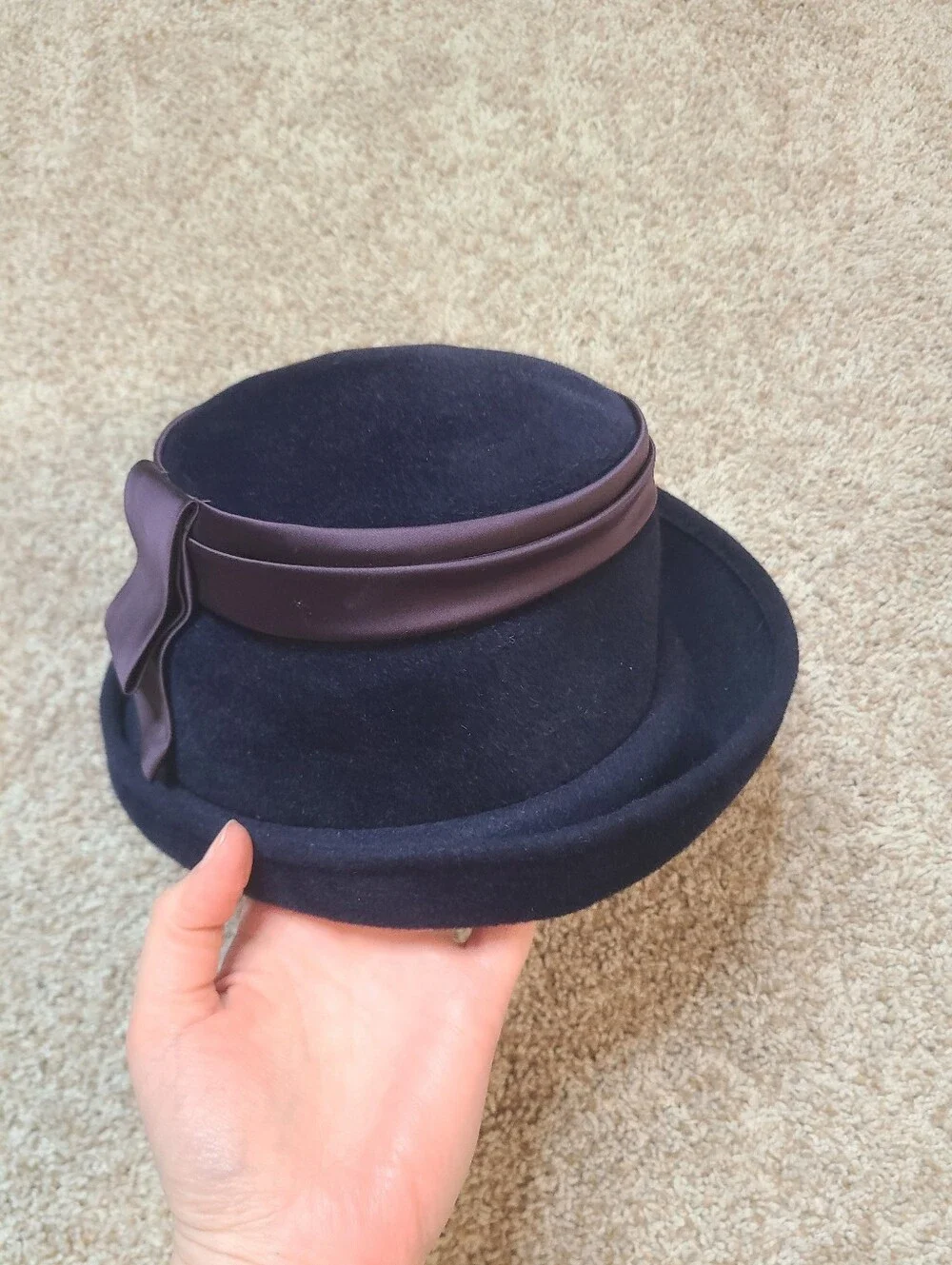 Vintage Fur Felt Velour Hat With Satin Ribbon 1950s 1960s Union Made